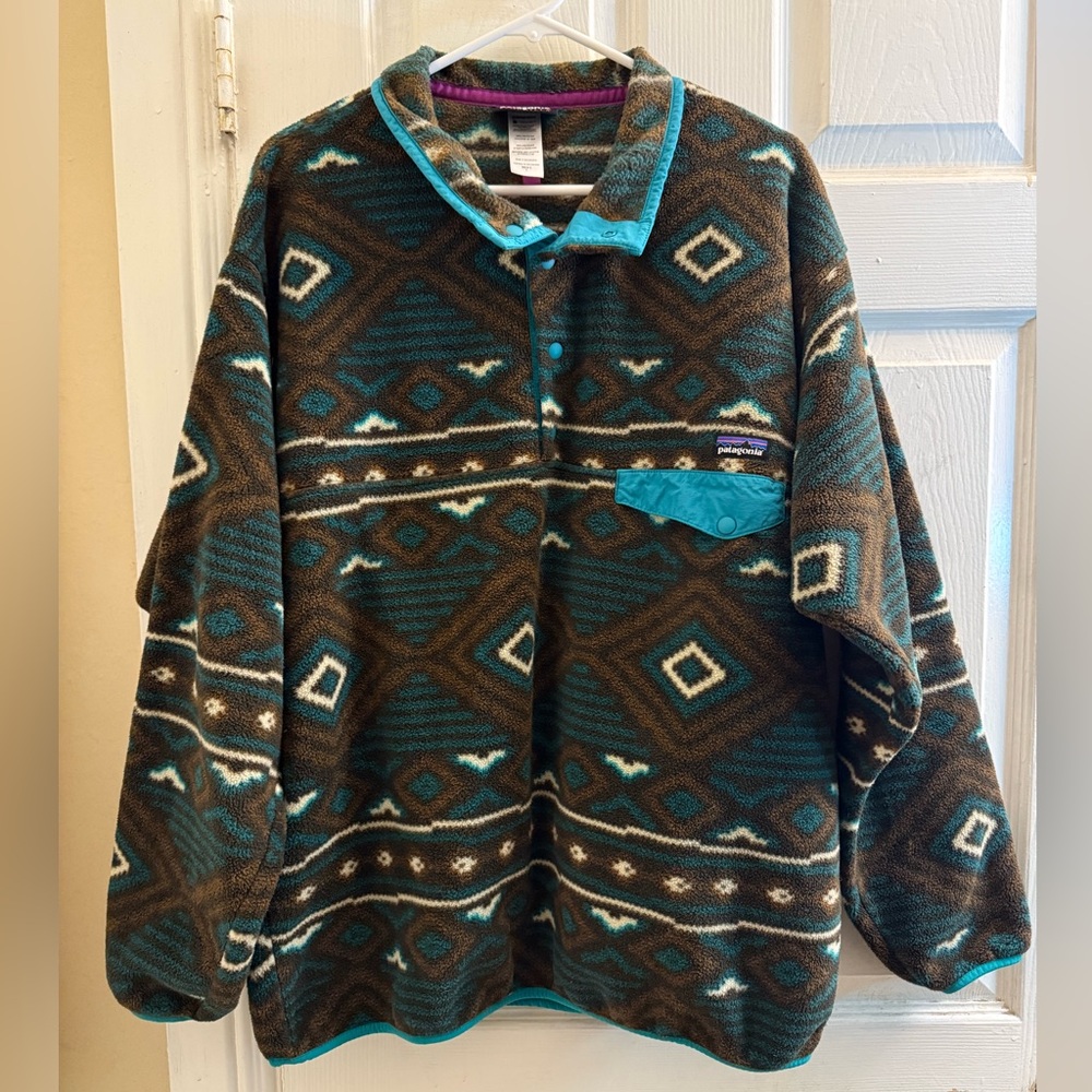 Patagonia Brown Teal Aztec Fleece Crewneck Pullover